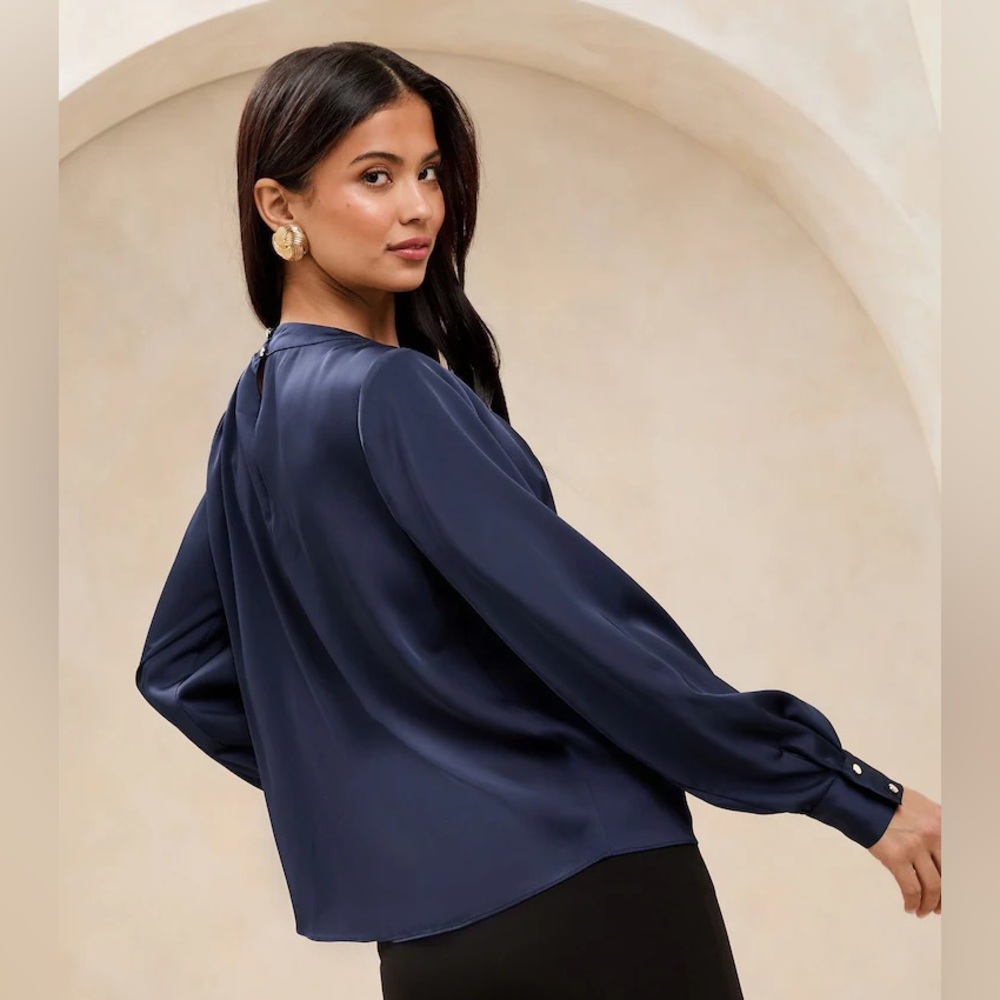 ANINE BING Navy Blue Silk Mock Neck Long Sleeve Slit Key Hole Blouse Top sz M